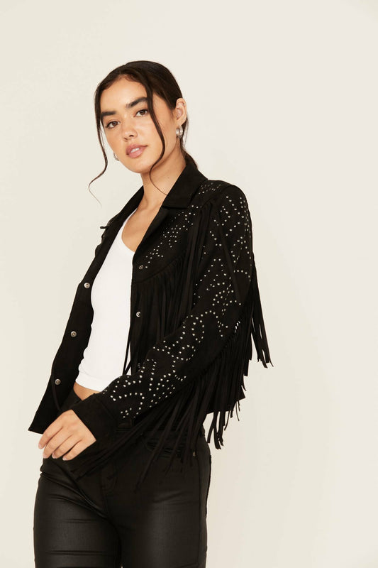 Women Blair Fringe and Studded Faux Suede Snap Jacket | Idyllwind