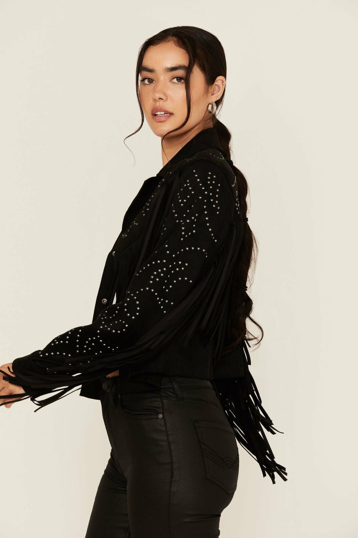 Women Blair Fringe and Studded Faux Suede Snap Jacket | Idyllwind