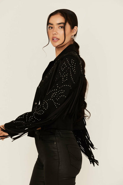 Women Blair Fringe and Studded Faux Suede Snap Jacket | Idyllwind