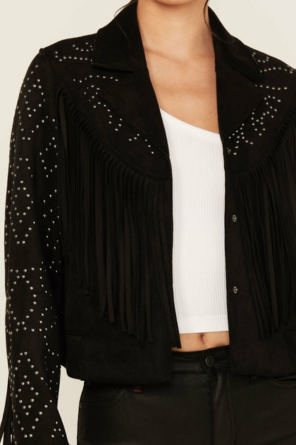 Women Blair Fringe and Studded Faux Suede Snap Jacket | Idyllwind