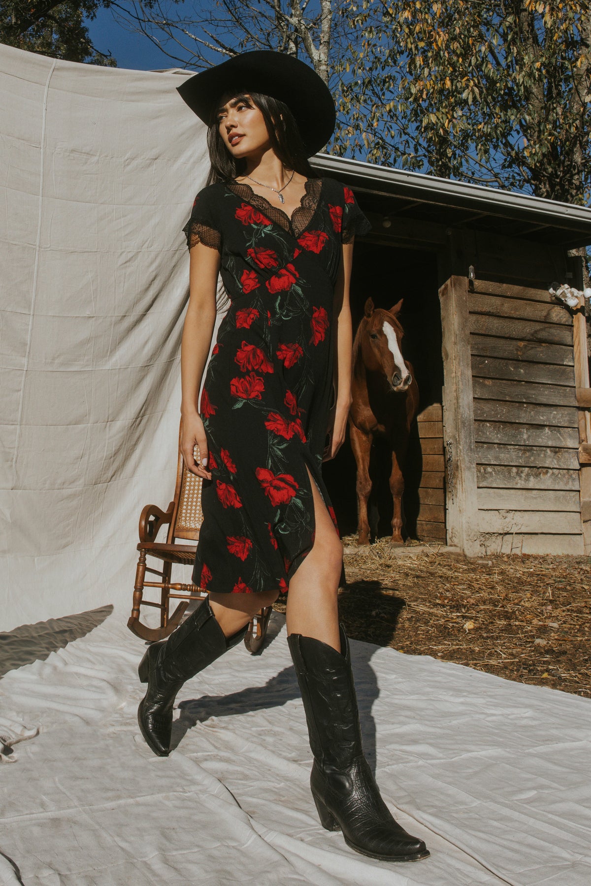 Women Rosely Floral Print Lace Trim Midi Dress | Idyllwind