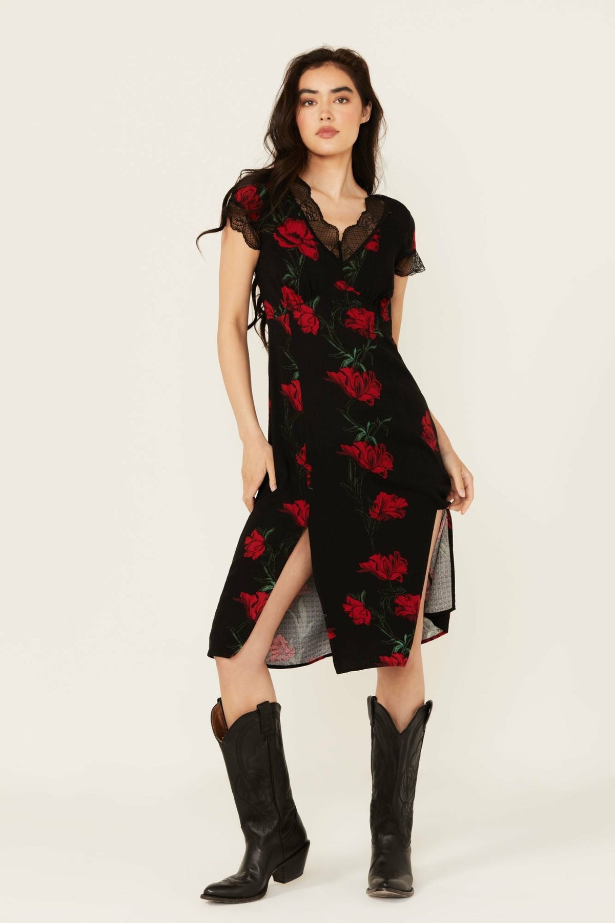 Women Rosely Floral Print Lace Trim Midi Dress | Idyllwind