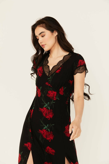 Women Rosely Floral Print Lace Trim Midi Dress | Idyllwind