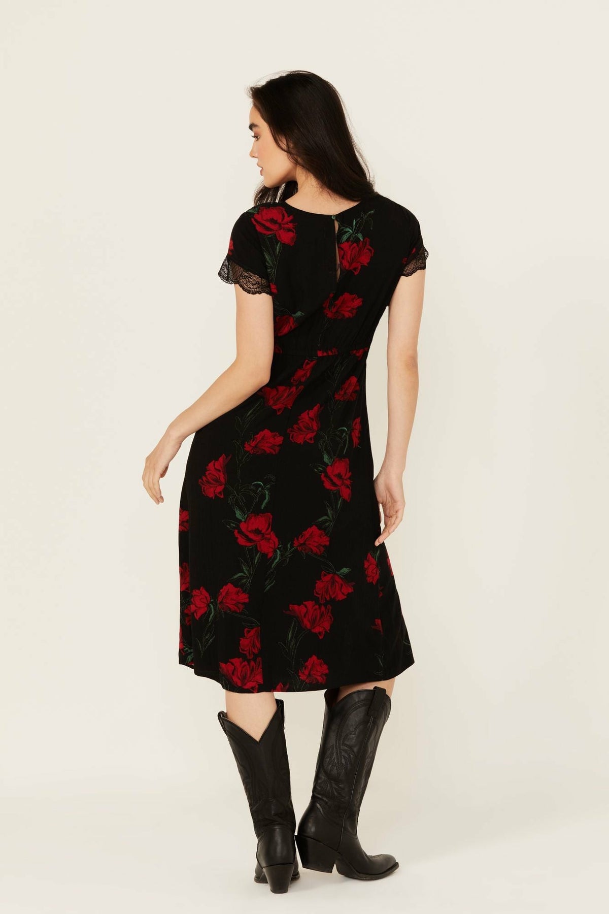 Women Rosely Floral Print Lace Trim Midi Dress | Idyllwind