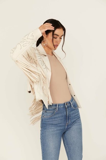 Women Blair Fringe and Studded Faux Suede Snap Jacket | Idyllwind