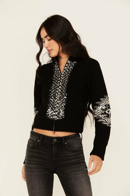 Women Dallas Sequins Cropped Zip Front Sweater | Idyllwind