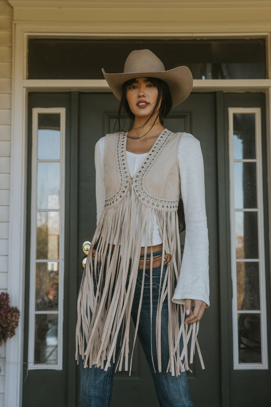 Women Walnut Studded Fringe Faux Suede Vest | Idyllwind