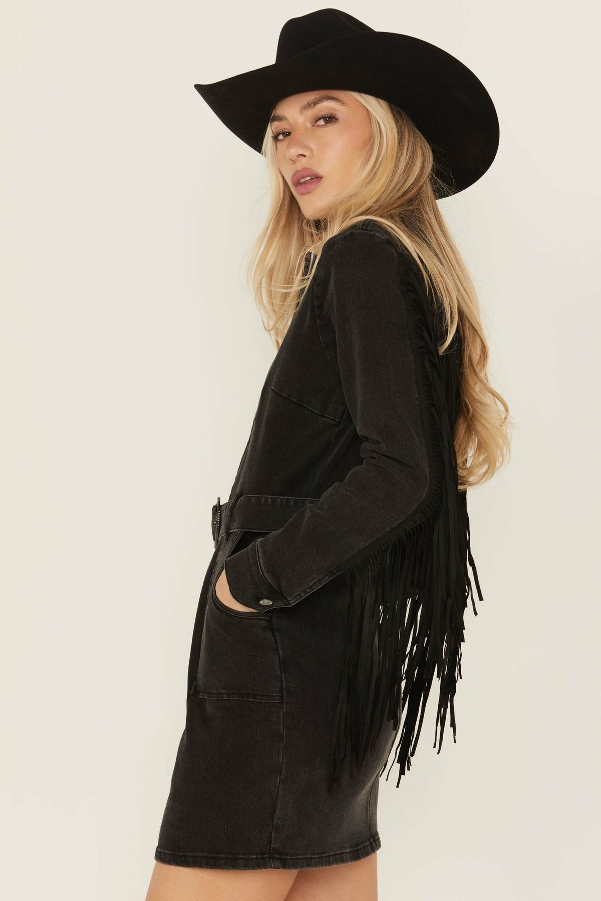 Women Fringe Long Sleeve Stretch Denim Mini Dress | Idyllwind