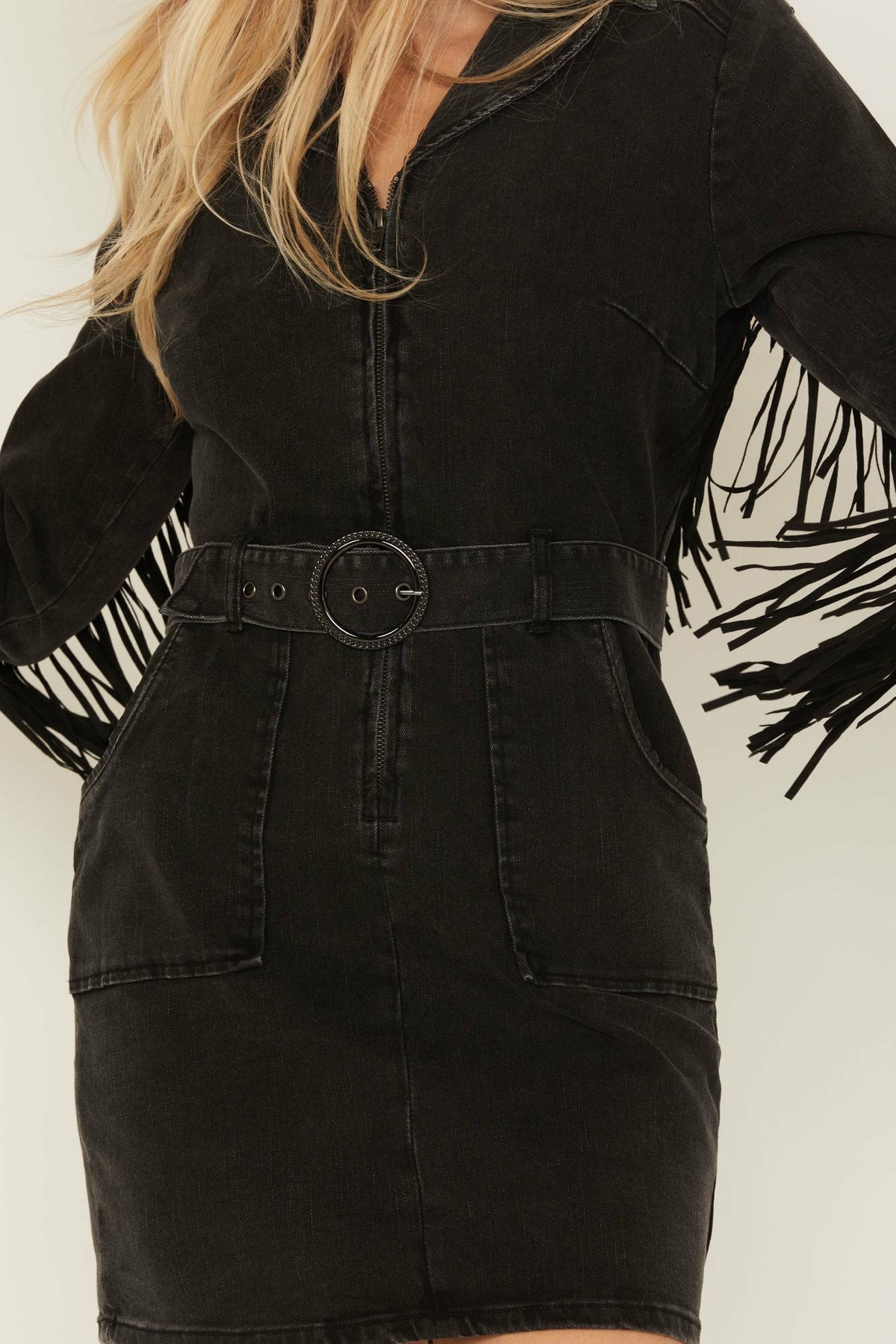 Women Fringe Long Sleeve Stretch Denim Mini Dress | Idyllwind