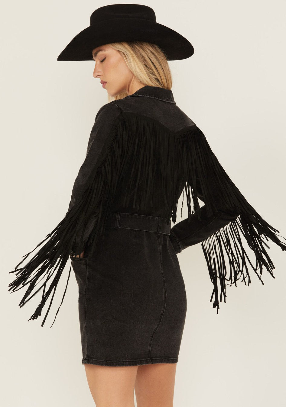Women Fringe Long Sleeve Stretch Denim Mini Dress | Idyllwind