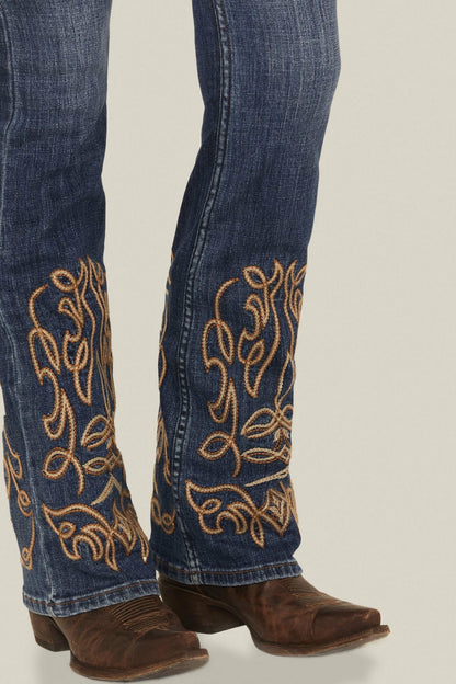 Women Hawkins Dark Wash Rebel Mid Rise Boot Stitch Super Stretch Denim Jeans | Idyllwind