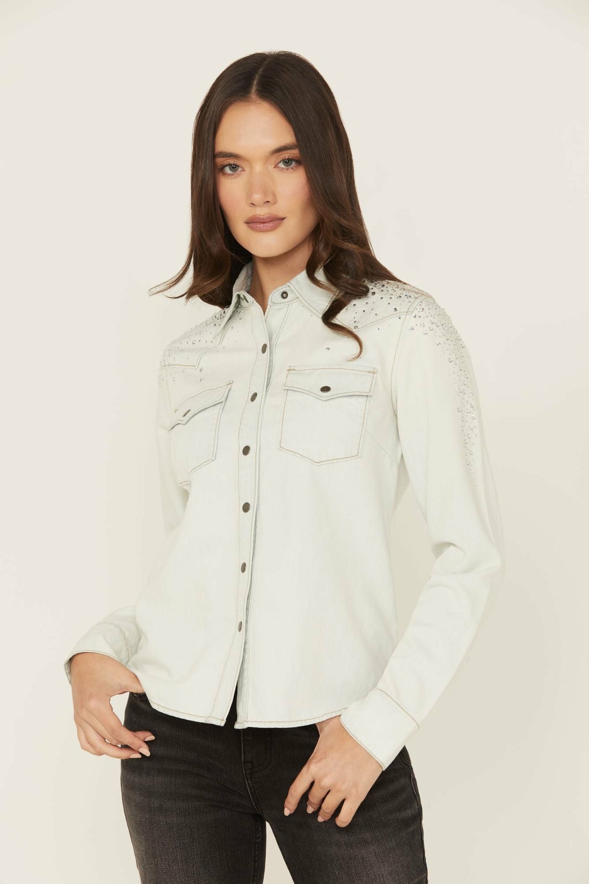 Women Embellished Light Wash Long Sleeve Snap Denim Shirt | Idyllwind