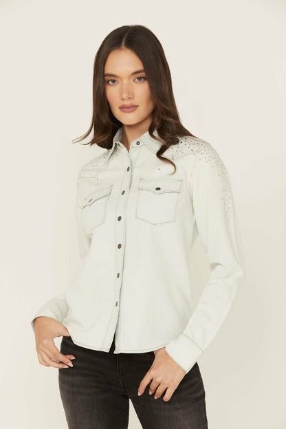 Women Embellished Light Wash Long Sleeve Snap Denim Shirt | Idyllwind