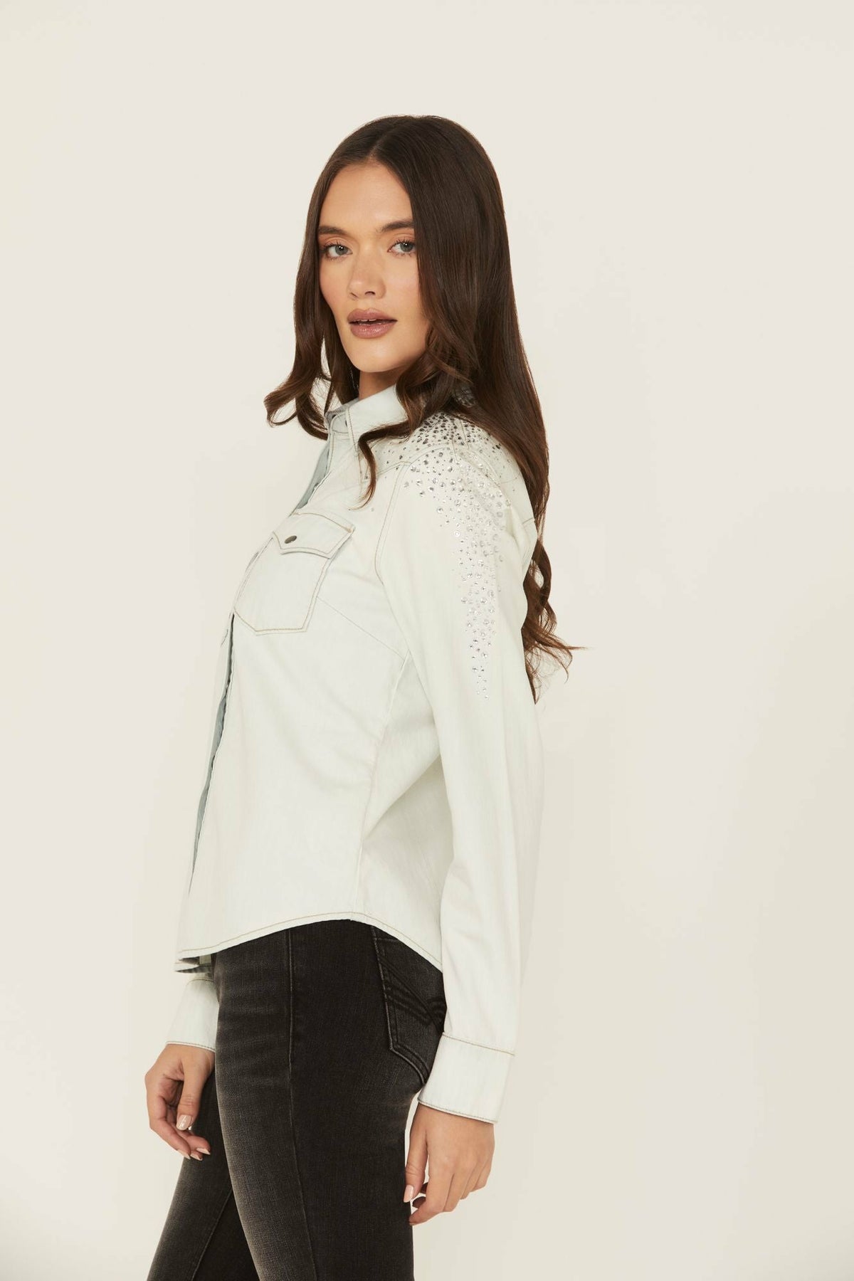Women Embellished Light Wash Long Sleeve Snap Denim Shirt | Idyllwind