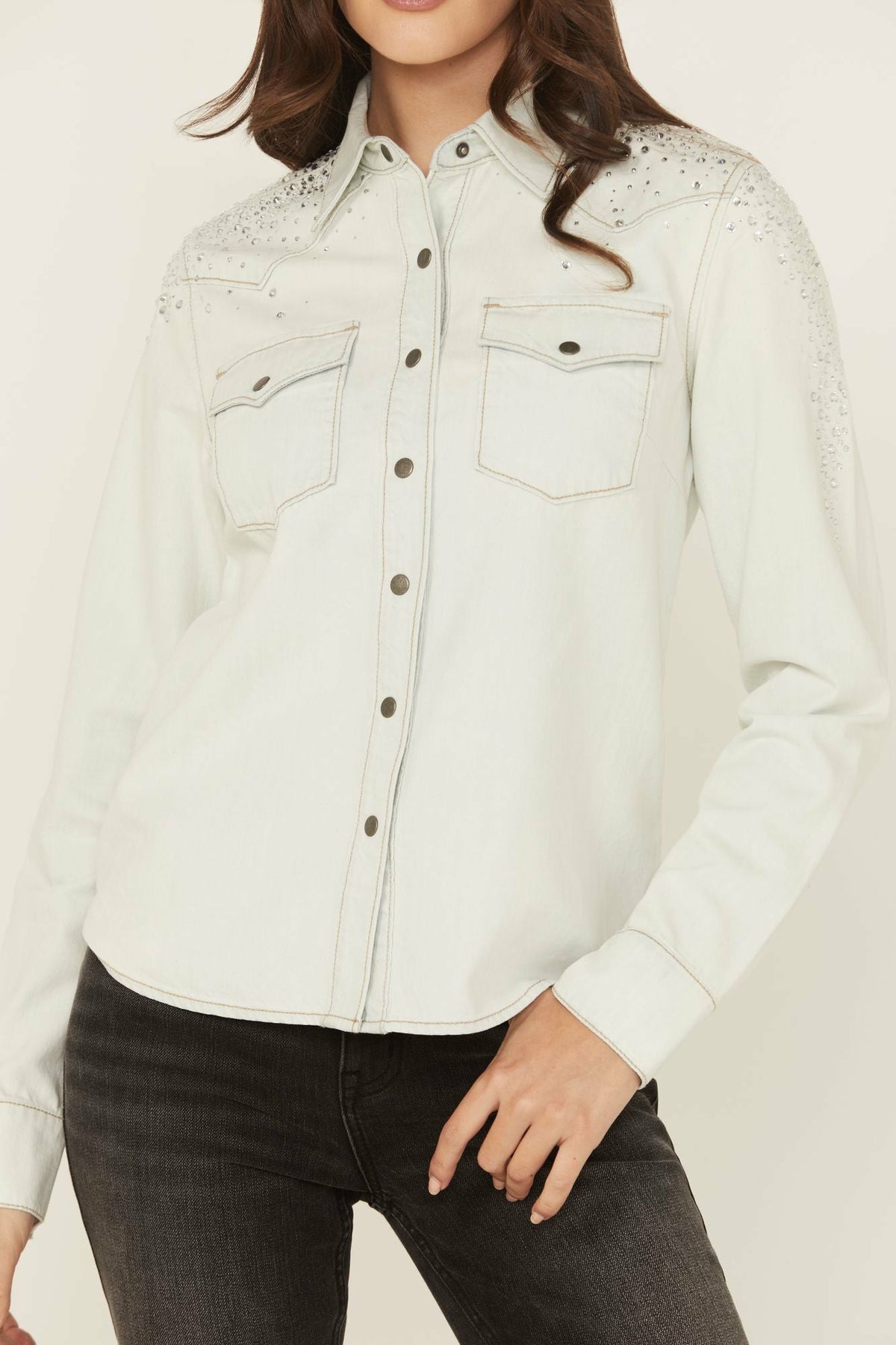 Women Embellished Light Wash Long Sleeve Snap Denim Shirt | Idyllwind
