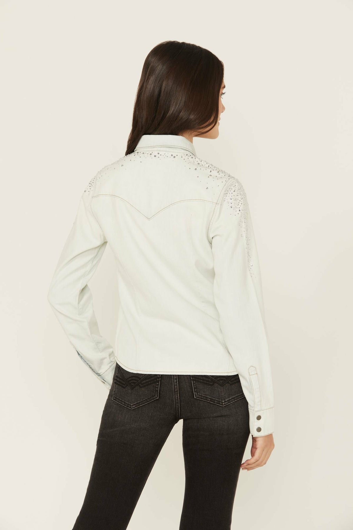 Women Embellished Light Wash Long Sleeve Snap Denim Shirt | Idyllwind