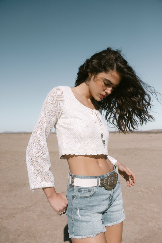 Women Lacey Scoop Neck Bell Sleeve Crochet Top | Idyllwind