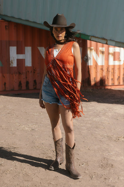 Women Walnut Studded Faux Suede Fringe Vest | Idyllwind