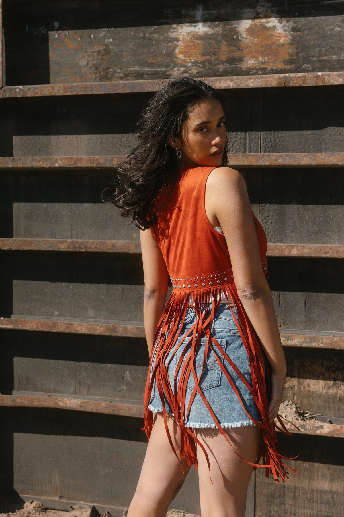 Women Walnut Studded Faux Suede Fringe Vest | Idyllwind