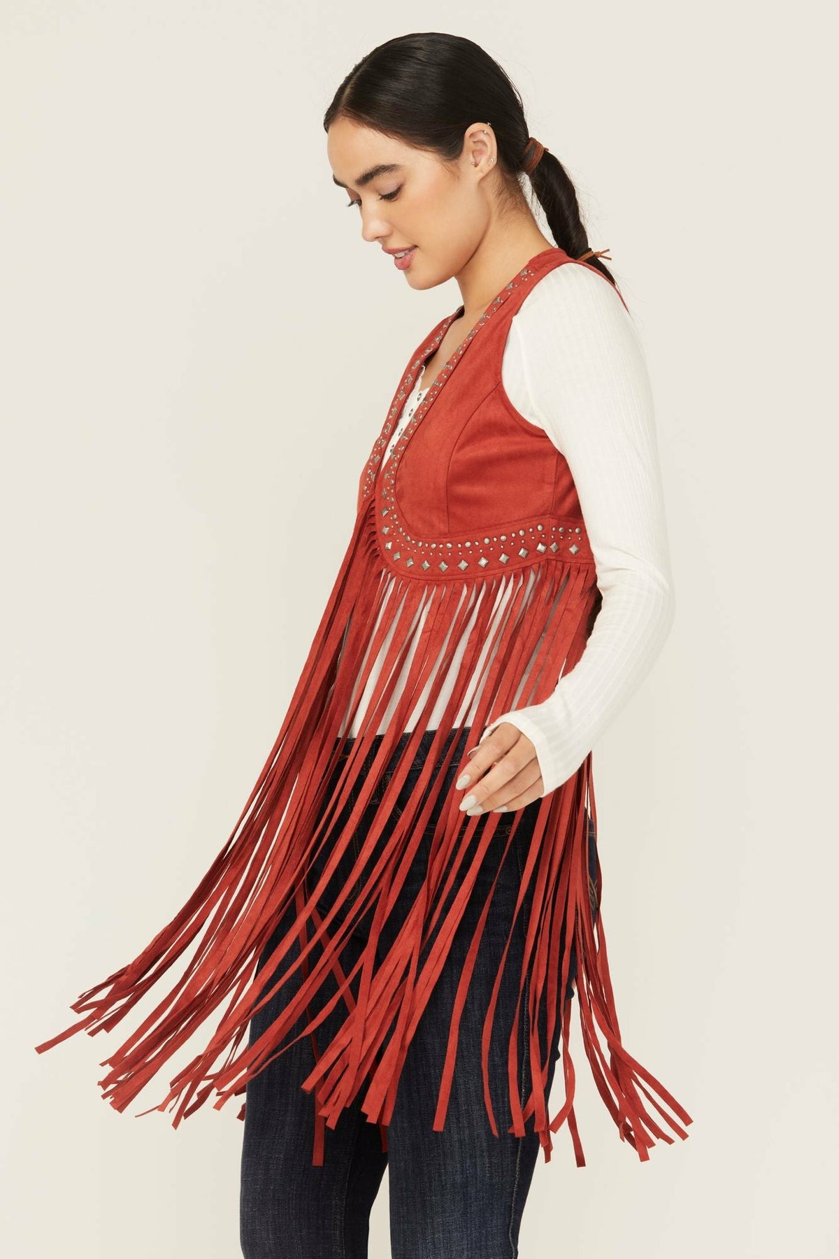 Women Walnut Studded Faux Suede Fringe Vest | Idyllwind
