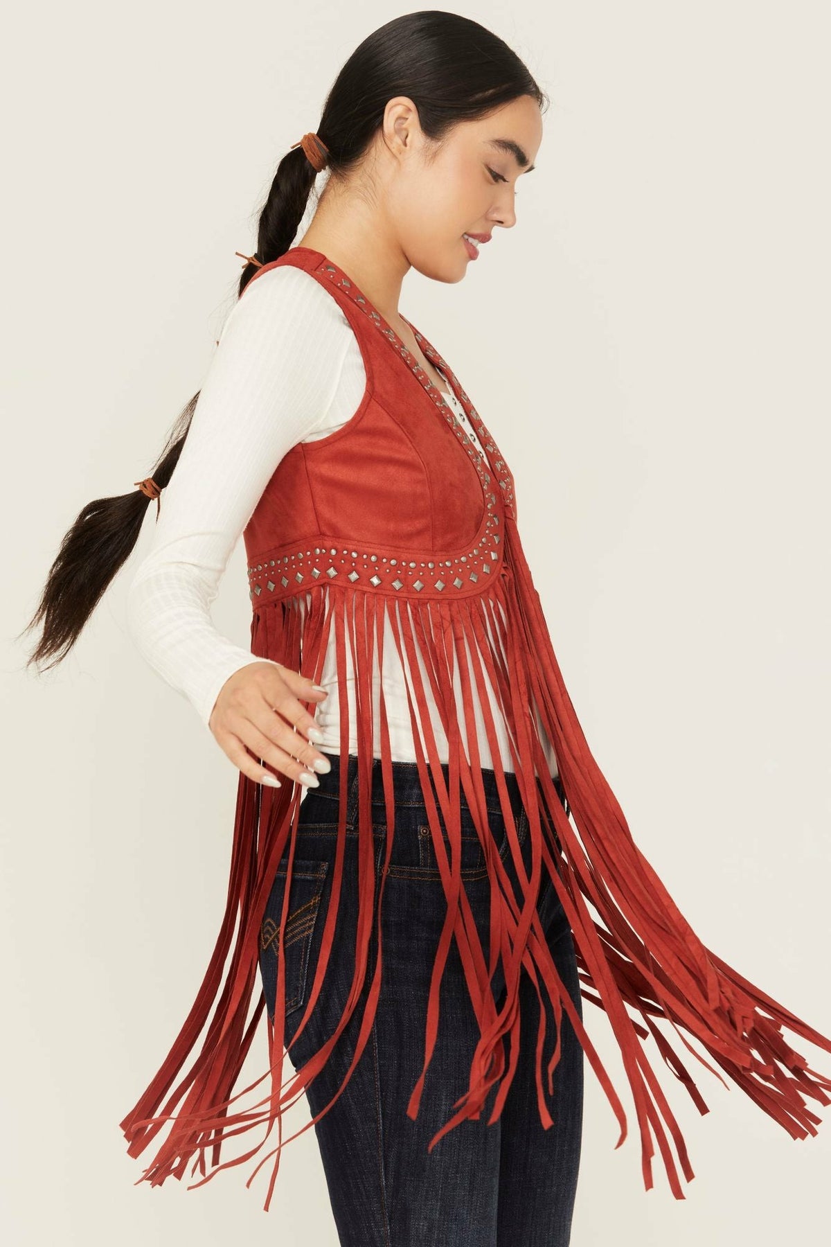 Women Walnut Studded Faux Suede Fringe Vest | Idyllwind