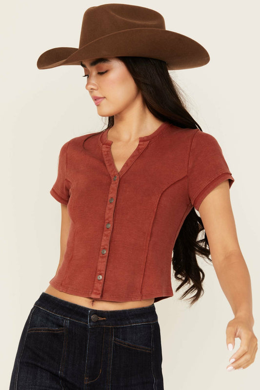 Women Solid Short Sleeve Button-Down Cropped Tee | Idyllwind