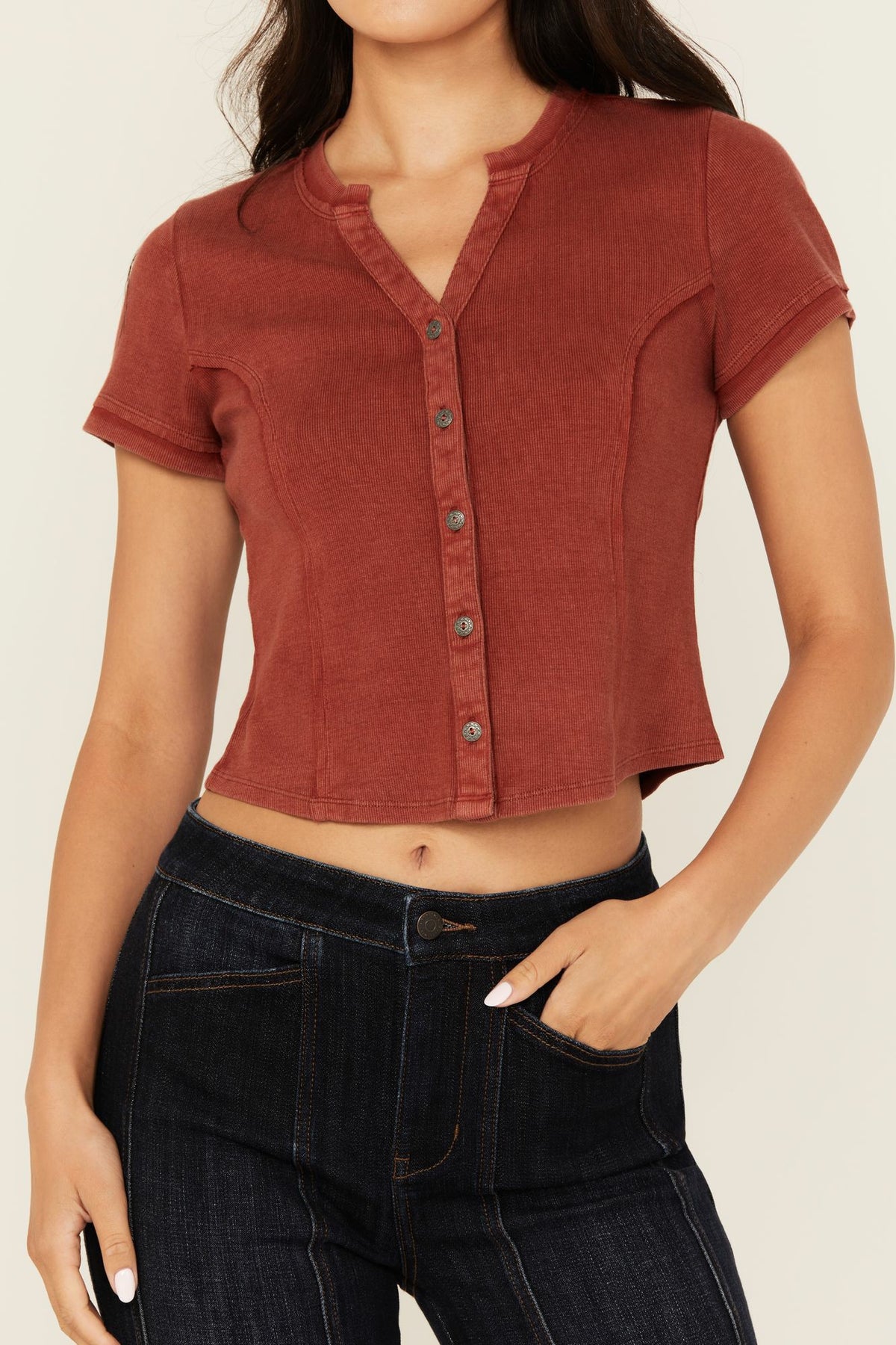 Women Solid Short Sleeve Button-Down Cropped Tee | Idyllwind