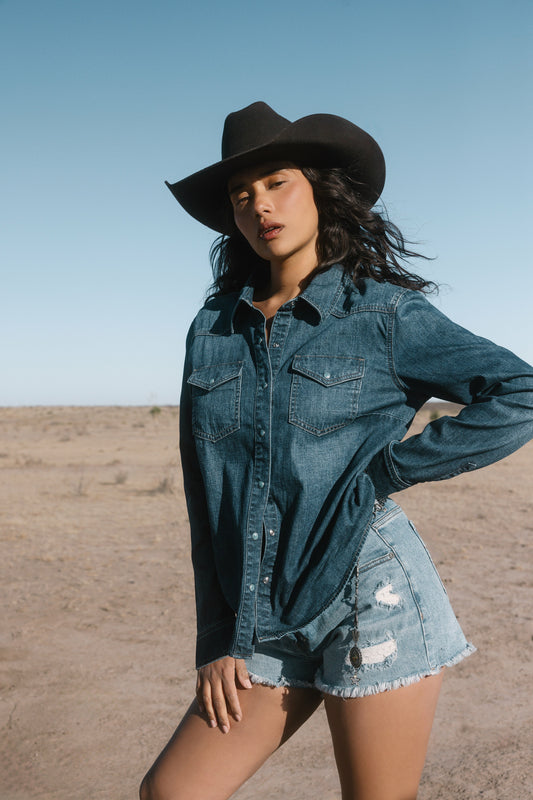 Women Abbott Dark Wash Chambray Long Sleeve Snap Western Shirt | Idyllwind