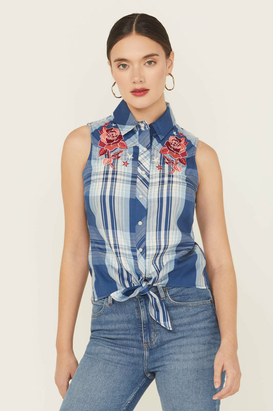 Women Plaid Print Embroidered Front Sleeveless Snap Western Shirt | Idyllwind