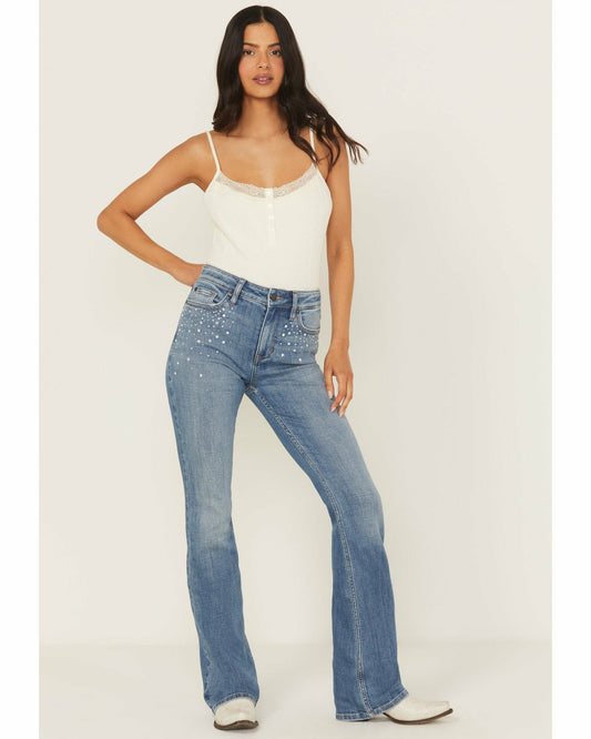 Women Legend Medium Wash High Rise Rhinestone Studded Bootcut Super Stretch Denim Jeans | Idyllwind