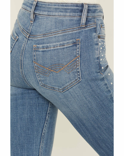 Women Legend Medium Wash High Rise Rhinestone Studded Bootcut Super Stretch Denim Jeans | Idyllwind