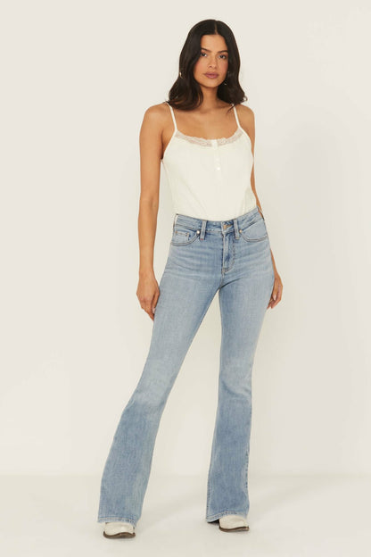 Women Outlaw Light Wash High Rise Double Back Yoke Bootcut Super Stretch Denim Jeans | Idyllwind