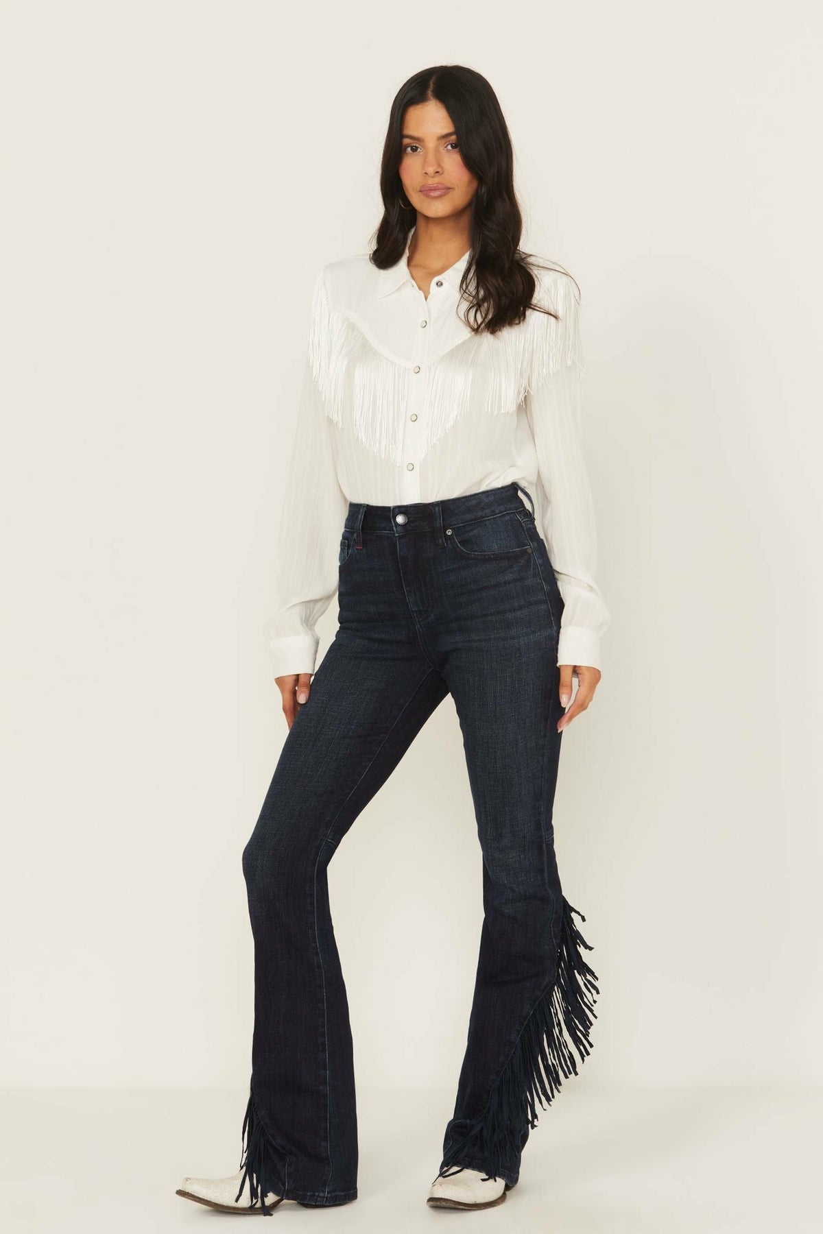 Women Allessio Dark Wash High Rise Fringe Bootcut Super Stretch Denim Jeans | Idyllwind