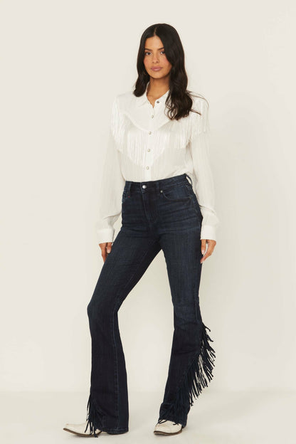 Women Allessio Dark Wash High Rise Fringe Bootcut Super Stretch Denim Jeans | Idyllwind