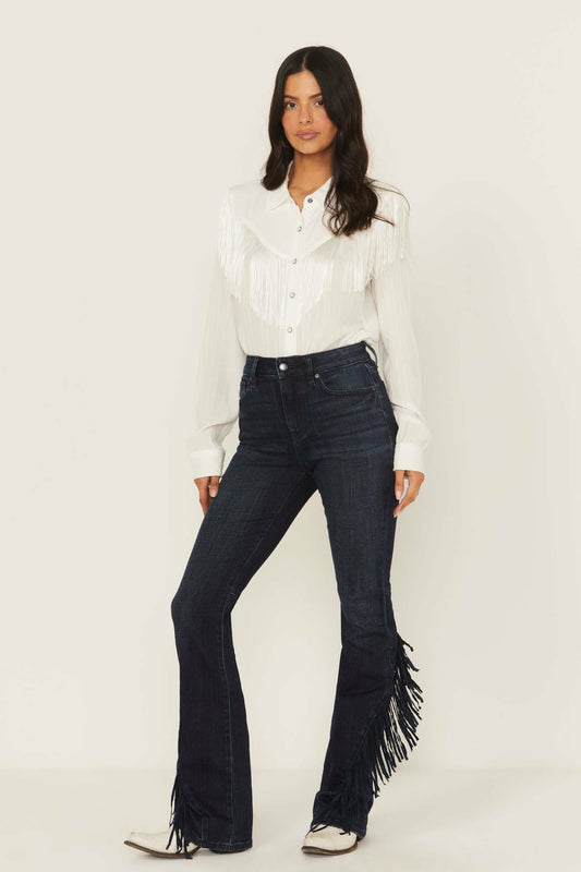 Women Allessio Dark Wash High Rise Fringe Bootcut Super Stretch Denim Jeans | Idyllwind