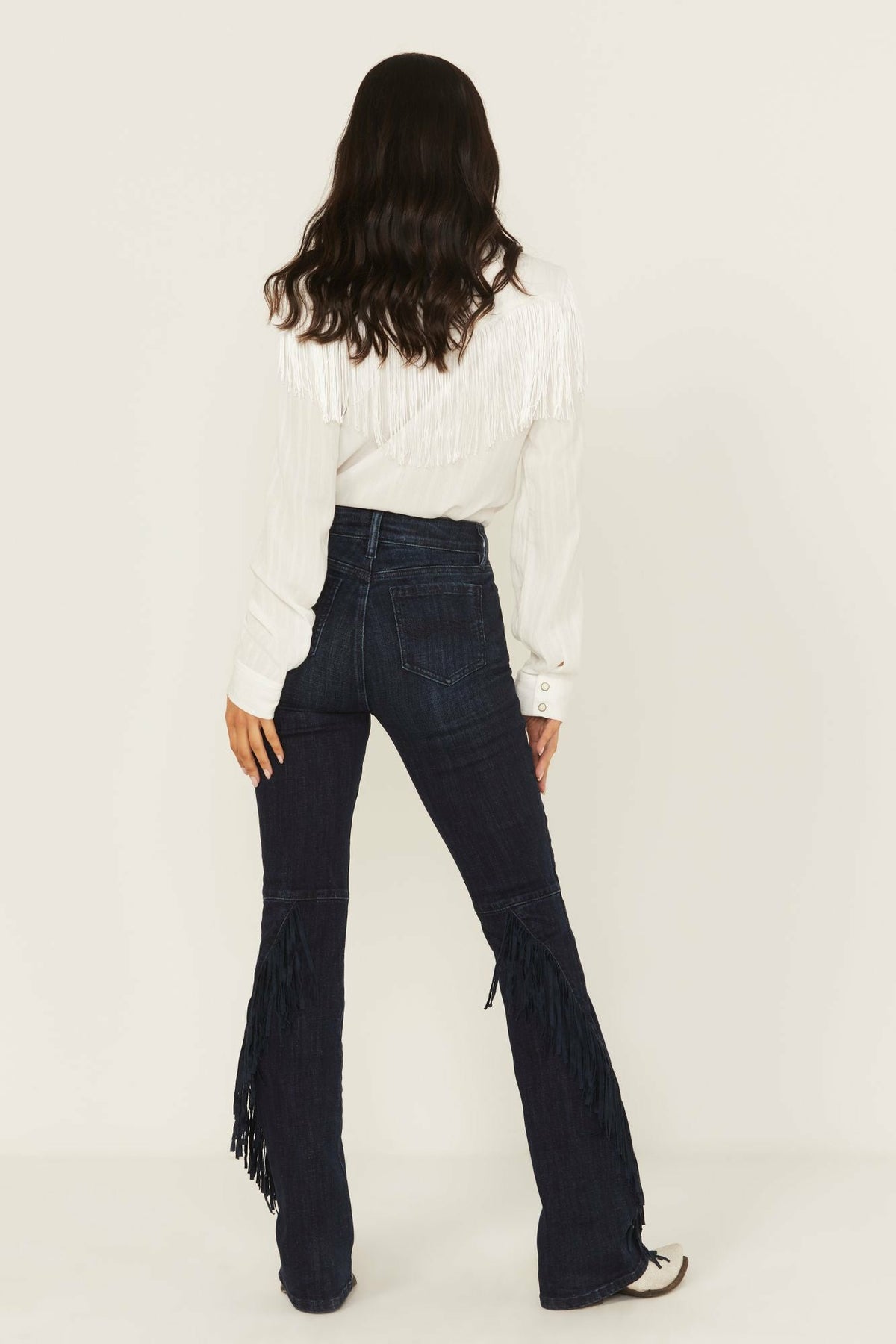 Women Allessio Dark Wash High Rise Fringe Bootcut Super Stretch Denim Jeans | Idyllwind