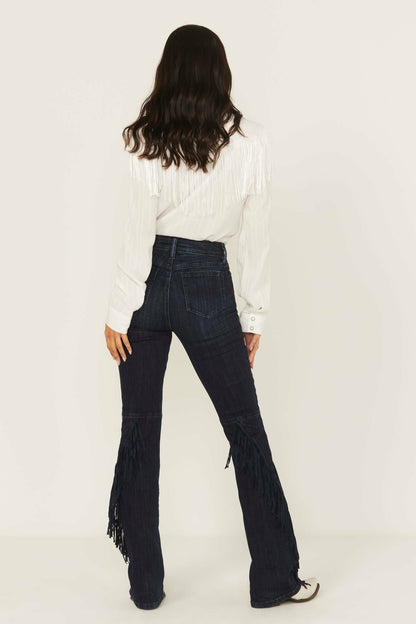 Women Allessio Dark Wash High Rise Fringe Bootcut Super Stretch Denim Jeans | Idyllwind