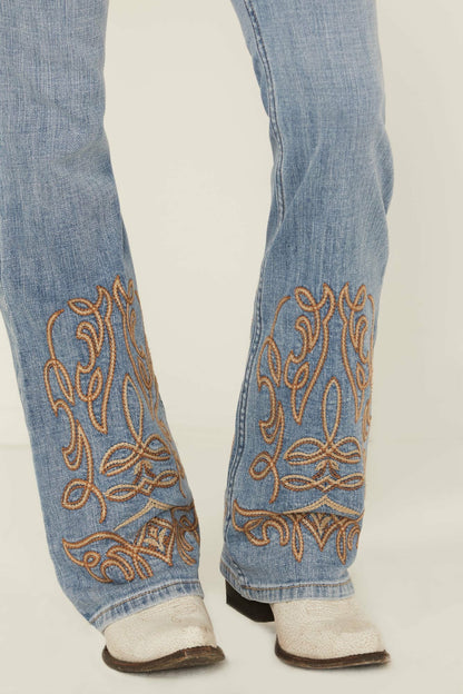Women Hawkins Light Wash Rebel Mid Rise Boot Stitch Bootcut Super Stretch Denim Jeans | Idyllwind