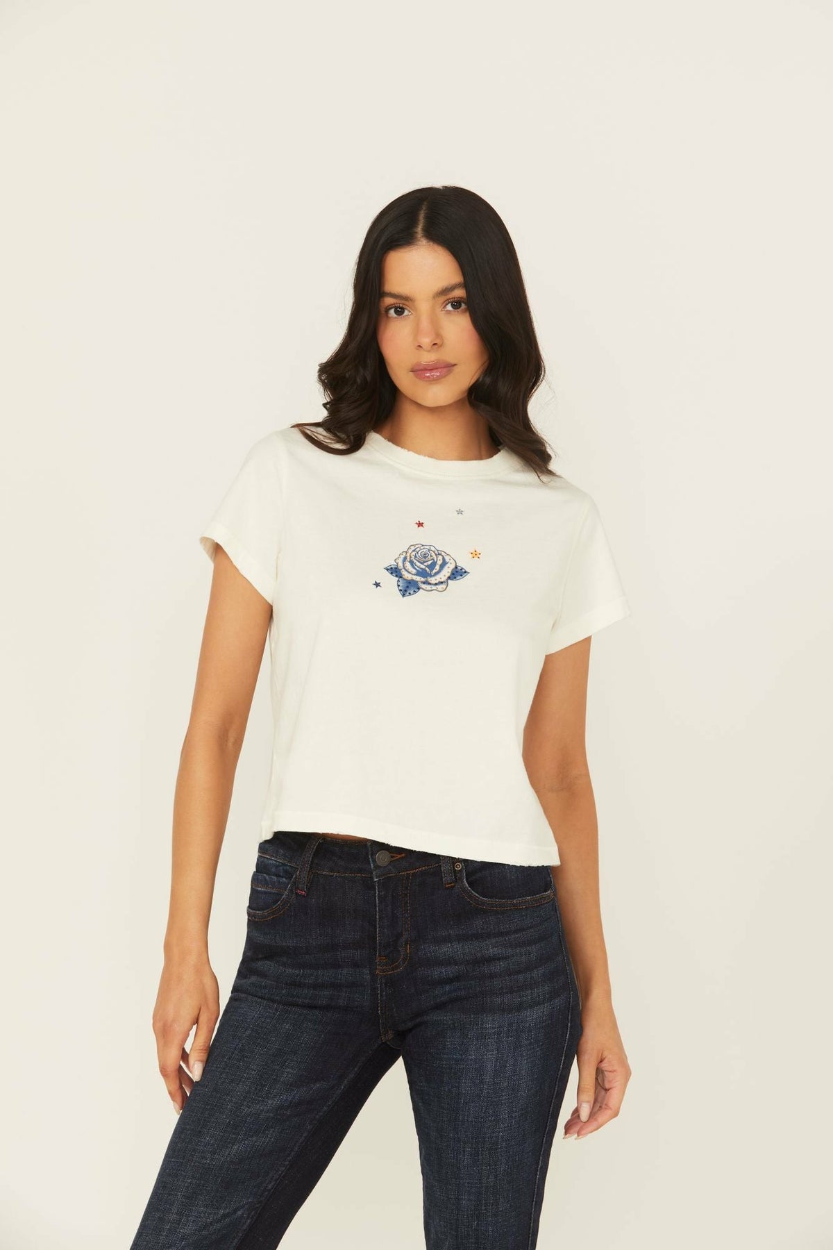 Women Rhinestone Rose Short Sleeve Cropped Graphic Tee | Idyllwind
