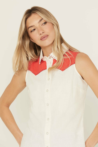 Women Plainweave Contrast Yoke Sleeveless Snap Western Shirt | Idyllwind