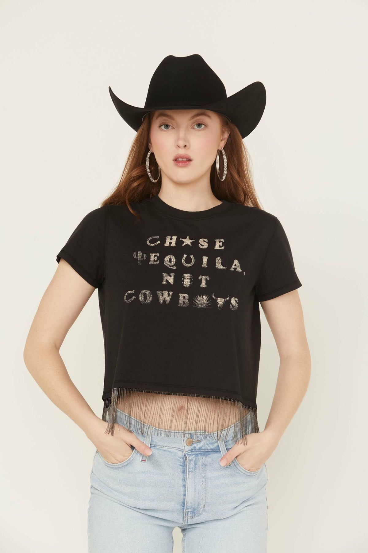 Women Chase Tequila Ball Chain Fringe Short Sleeve Cropped Graphic Tee | Idyllwind