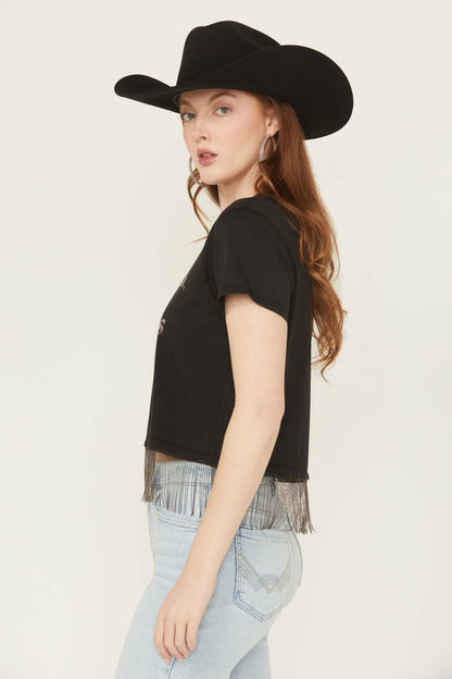 Women Chase Tequila Ball Chain Fringe Short Sleeve Cropped Graphic Tee | Idyllwind
