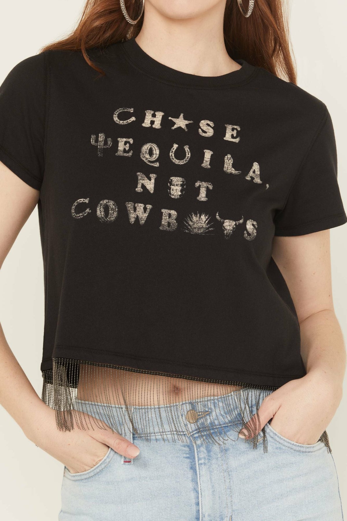 Women Chase Tequila Ball Chain Fringe Short Sleeve Cropped Graphic Tee | Idyllwind