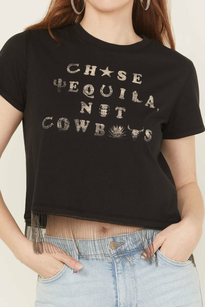 Women Chase Tequila Ball Chain Fringe Short Sleeve Cropped Graphic Tee | Idyllwind