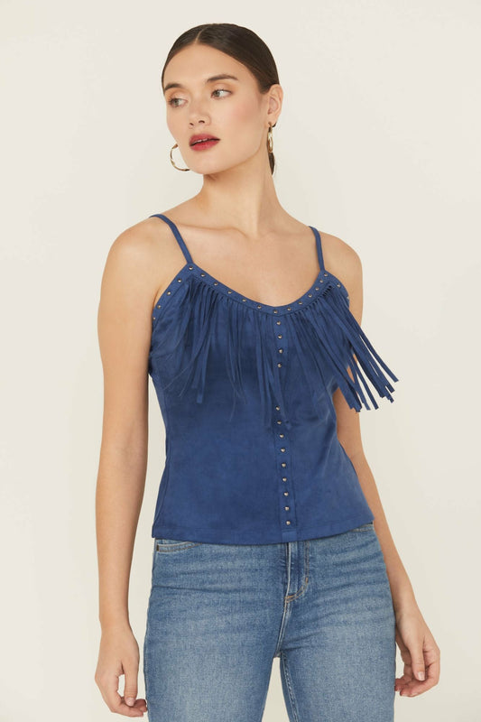 Women Faux Suede Studded Fringe Sleeveless Tank Top | Idyllwind