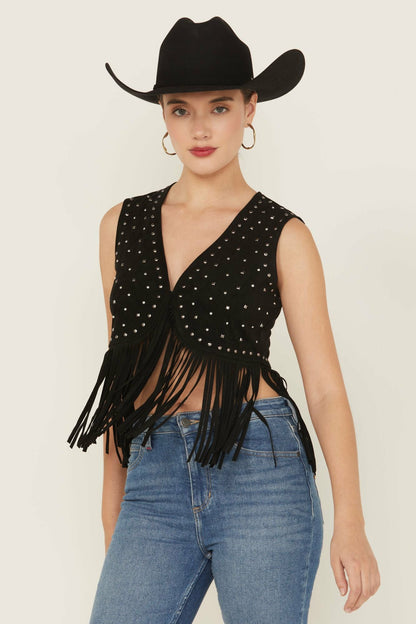 Women Embellished Faux Suede Cropped Fringe Vest | Idyllwind