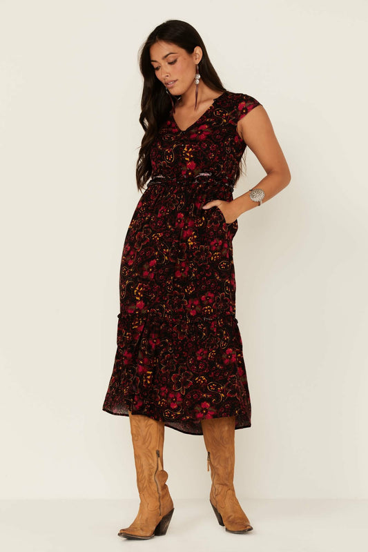 Women Black Floral Willow Branch Midi Dress | Idyllwind