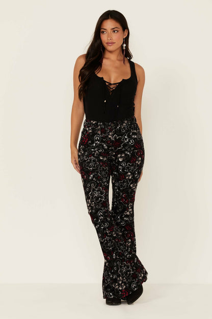 Women Black Floral Print High Rise Flare Cords | Idyllwind