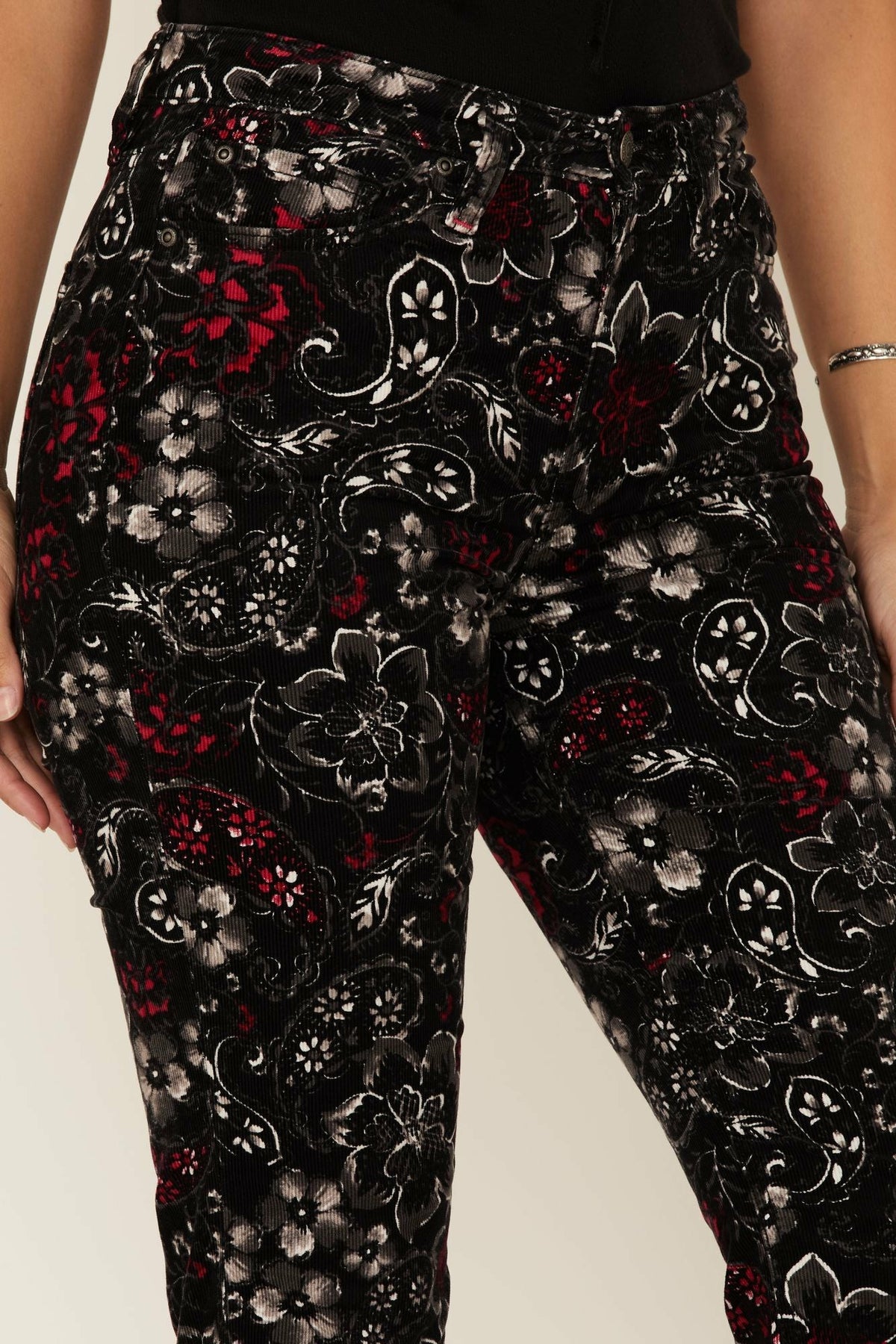 Women Black Floral Print High Rise Flare Cords | Idyllwind