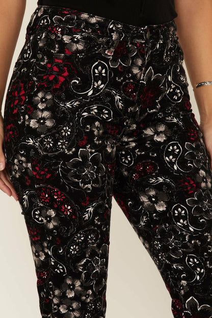 Women Black Floral Print High Rise Flare Cords | Idyllwind